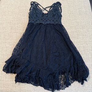 Free People Lace Ruffle Mini Dress in Navy